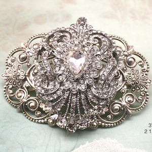 Silver Filigree Rhinestone Barrette: Art Deco Crystal Hair Clip