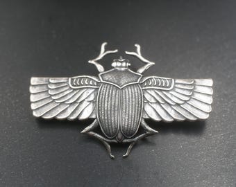 Sterling Silver Plated Scarab Brooch: Egyptian Revival Jewelry