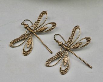 Dragonfly Earrings- Statement Earrings- Insect Earrings- Brass Earrings- Art Deco Earrings- Vintage Style- Dragonfly Gift