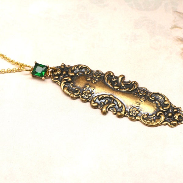 Brass Art Nouveau Necklace- Victorian Necklace- Statement Necklace- Emerald Green Necklace- Feminine Necklace