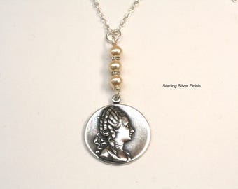 Marie Antoinette Necklace: Sterling Silver Plated, Cream Pearl, French Queen