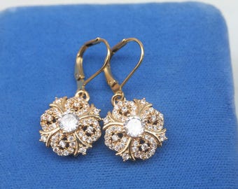 Gold Cubic Zirconia Earrings: Vintage 1920s Style Bridal Jewelry
