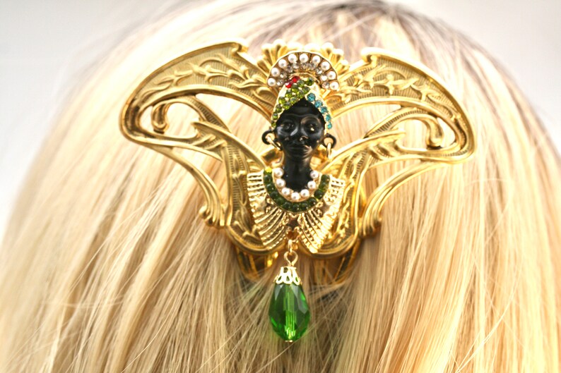 Brass Hair Stick Art Nouveau hair comb African Lady Hair Comb Crystal Hair Comb Green Hair Stick Egyptian Hair Comb Unique Hair Comb image 3