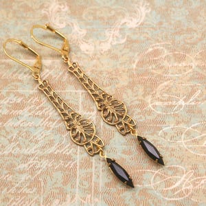 Gold Filigree Dangle Earrings: Black Rhinestone, Victorian Dark Academia