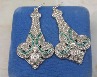 Emerald Green Crystal Art Deco Earrings: Statement Earrings