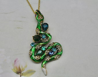 Green Rhinestone Snake Necklace Or Brooch Enamel Reptile Jewelry