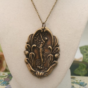 Art Nouveau Brass Goddess Necklace: Alphonse Mucha Nymph Pendant