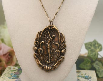 Art Nouveau Brass Goddess Necklace: Alphonse Mucha Nymph Pendant