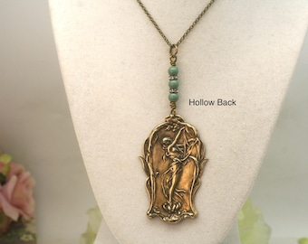 Brass Art Nouveau Fairy Necklace: Sage Green Pearl, Vintage Style
