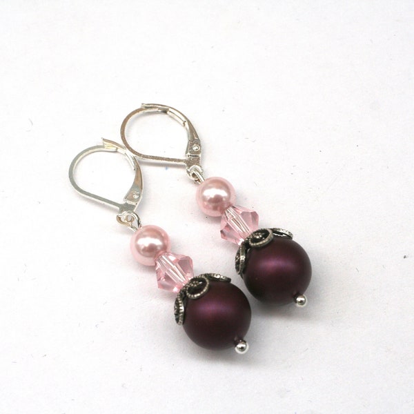 Elderberry Pearl Earrings- Pink Pearl Earrings- Victorian Style Earrings- Regency Earrings- Vintage Style- Burgundy Earrings- Plum Earrings