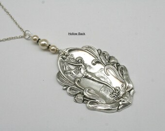 Silver Art Nouveau Pearl Necklace: Goddess Nymph Statement Jewelry