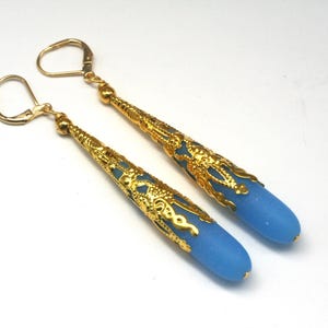 Long Beach Glass Blue Earrings With Gold Filigree Bead Cap- Statement Earrings- Teardrop Earrings- Sea Glass Earrings- Gift For Her