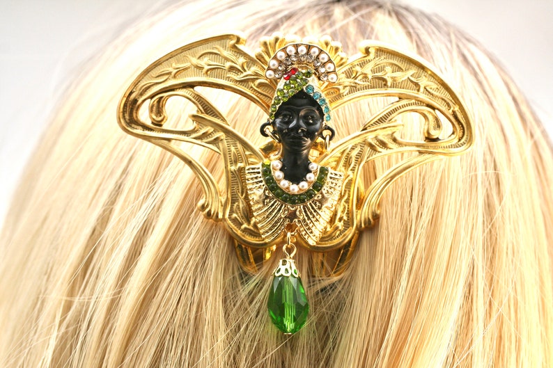 Brass Hair Stick Art Nouveau hair comb African Lady Hair Comb Crystal Hair Comb Green Hair Stick Egyptian Hair Comb Unique Hair Comb image 6