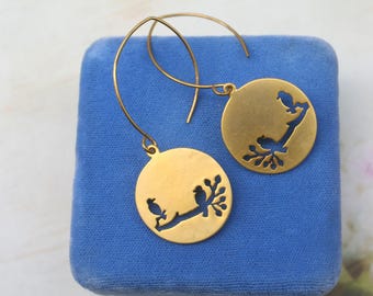 Brass Bird Earrings: Woodland Nature Jewelry