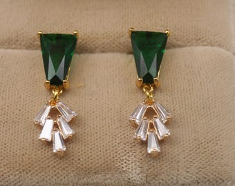 Emerald Green Art Deco Earrings: Cubic Zirconia, Vintage Style