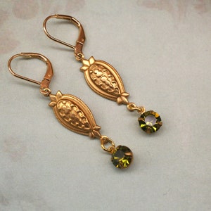 Olivine Crystal Art Deco Earrings: Gold Edwardian Style