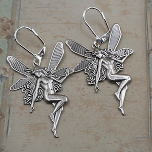 Large Silver Fairy Nymph Pixie Dangle Earrings- Goddess