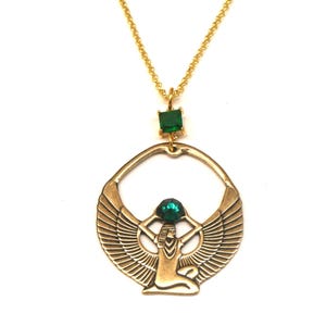 Winged Goddess Necklace- Egyptian Necklace- Brass Necklace- Emerald Green Necklace- Egyptian Jewelry- Gift For Her