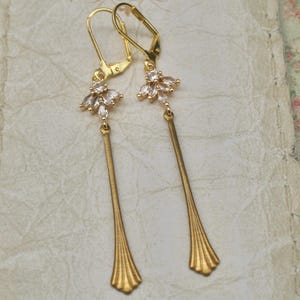 Cubic Zirconia Long Dangle Earrings- Long Dangle Earrings- Brass Earrings- Bridal Earrings- Art Deco Earrings- Long Slender Earrings