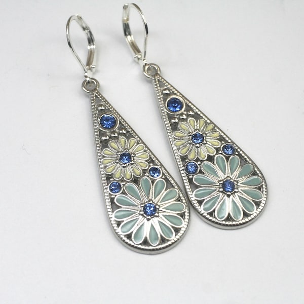 Silber Teardrop Ohrringe - Blaue Kristallblumen Boho Ohrringe