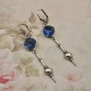Silver Plated Art Deco Blue Drop Earrings: Flapper Style