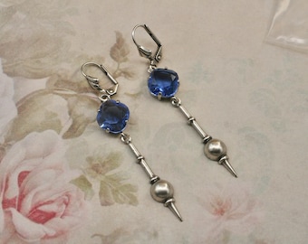 Silver Plated Art Deco Blue Drop Earrings: Flapper Style
