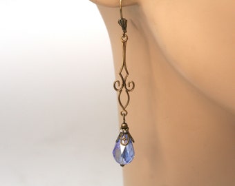 Long Dangle Blue Crystal Earrings, Victorian Style Earrings, Flapper Earrings, Regency Earrings, Edwardian Earrings, Downtown Abbey