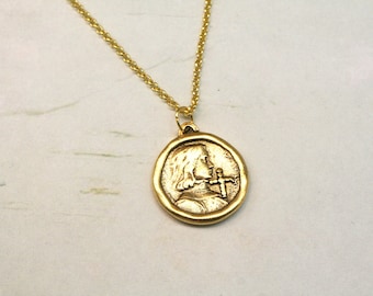 Vintage Style Joan of Arc Necklace: Gold Plated Religious Jewelry