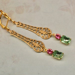 Peridot and Rose Pink Art Deco Earrings Filigree Earrings Flapper Earrings Downtown Abbey Vintage Inspired 1920s Earrings image 4