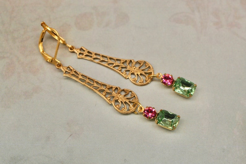 Peridot and Rose Pink Art Deco Earrings Filigree Earrings Flapper Earrings Downtown Abbey Vintage Inspired 1920s Earrings image 4