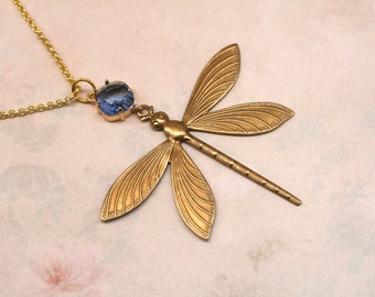Large Dragonfly Necklace- Vintage Style- Art Deco Necklace- Dragonfly Jewelry- Nature Jewelry- Blue Dragonfly- Nature Gift
