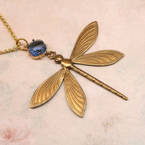 Large Dragonfly Necklace- Vintage Style- Art Deco Necklace- Dragonfly Jewelry- Nature Jewelry- Blue Dragonfly- Nature Gift