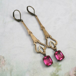 Vintage Art Deco Earrings: Rose Pink Rhinestone Long Dangle Earrings