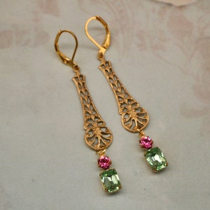 Peridot and Rose Pink Art Deco Earrings Filigree Earrings Flapper Earrings Downtown Abbey Vintage Inspired 1920s Earrings image 5