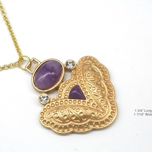 Art Deco Lavender Stone Necklace: Gold Brass Crystal Pendant