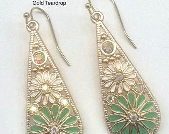 Gold Teardrop Earrings: Green Crystal Flower, Long Boho Drop