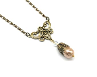 Art Nouveau Pearl Necklace and Earrings: Golden Teardrop Crystal Set