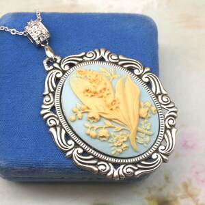 Lily Of The Valley Pendant Necklace- Blue And Cream Cameo Necklace- Silver Necklace- Statement Necklace- Flower Necklace- Gift For Her