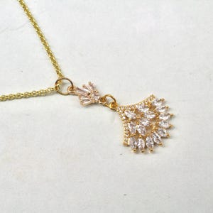 Art Deco Cubic Zirconia Fan Necklace - Gold Plated Bridal Jewelry