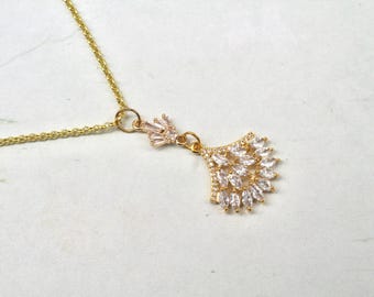 Art Deco Cubic Zirconia Fan Necklace - Gold Plated Bridal Jewelry