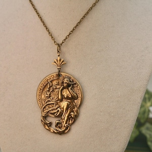 Brass Art Nouveau Goddess Necklace - Alphonse Mucha Nymph Pendant