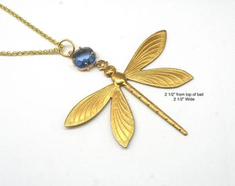 Art Deco Dragonfly Necklace: Brass & Blue Glass, Vintage Style