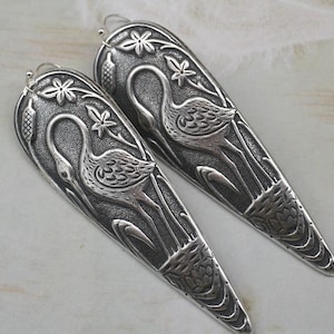 Silver Plated Art Deco Heron Earrings: Bird Statement Jewelry