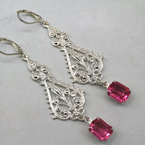 Silver Art Deco Earrings: Pink Rhinestone Filigree, 1920s Flapper Style