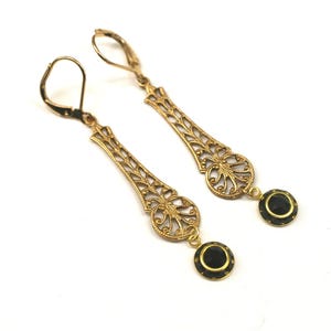 Gold Filigree Long Drop Earrings With Black Crystal Crystal Drops - Vintage Inspired 1920’s Earrings- Flapper Earrings- Gift For Her