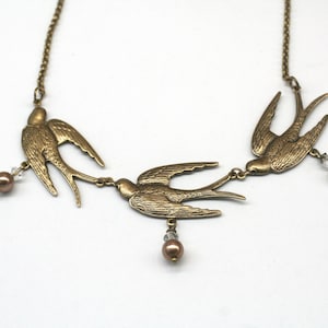 Brass Swallow Bird Necklace: Bronze Pearl, Cottagecore Jewelry