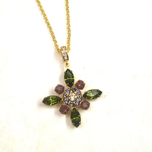 Vintage Austrian Crystal Flower Necklace: Olivine, Hydrangea, Lavender