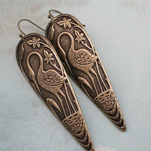 Art Deco Heron Earrings: Brass Bird Statement Jewelry