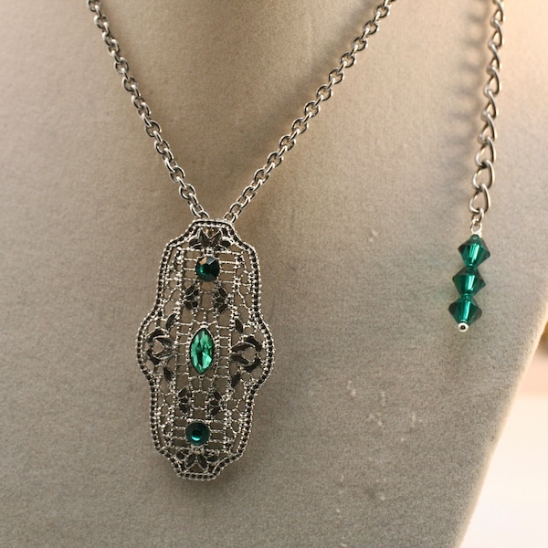 Emerald Green Art Deco Necklace- Vintage Inspired Necklace- Silver Filigree Necklace- Reproduction Necklace- 1920’s Jewelry- Great Gatsby