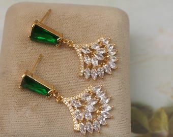 Art Deco Emerald Green Earrings: Crystal CZ Fan Drop Earrings